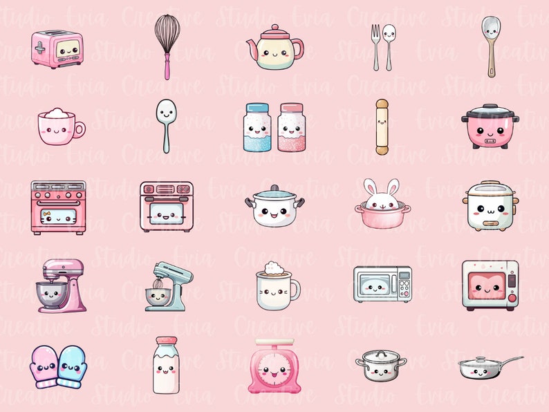 Puede incluir: Un conjunto de 25 ilustraciones de dibujos animados de electrodom&eacute;sticos y utensilios de cocina. Las ilustraciones son de estilo kawaii con caras lindas y colores rosa, azul y blanco. Las ilustraciones incluyen una tostadora, un batidor de alambre, una tetera, un tenedor, una cuchara, una taza, saleros y pimenteros, un rodillo, una olla arrocera, una estufa, un horno, una olla, un conejito en una olla, una batidora, una taza, un horno de microondas, una m&aacute;quina de pan, guantes para horno, una jarra de leche, una b&aacute;scula, una cacerola y una sart&eacute;n.