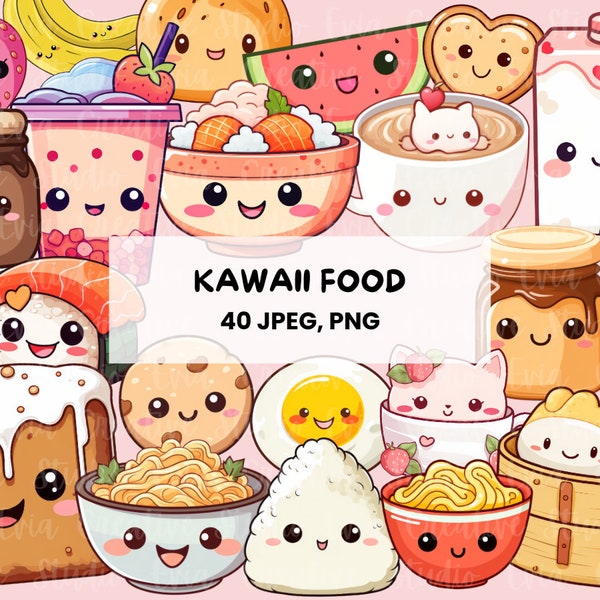 Kawaii Food Clipart | 40 Cute Food Graphics | Kawaii PNG Bundle | Adorable Printable Stickers - Commercial Use
