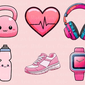 May include: A collection of pink fitness-themed illustrations. Includes a kettlebell, a heart with a heartbeat line, headphones, a water bottle, a running shoe, and a smartwatch. All items have a cute, cartoon-like design.