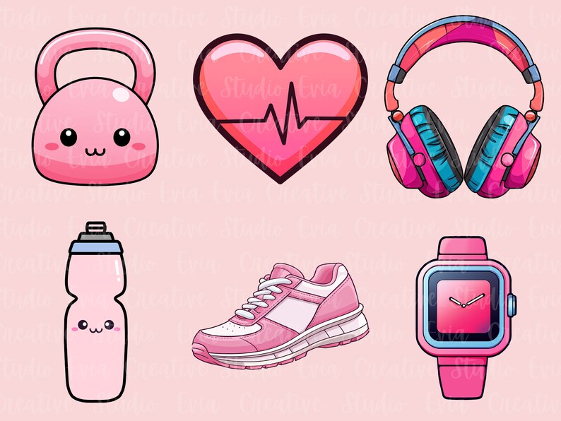 May include: A collection of pink fitness-themed illustrations. Includes a kettlebell, a heart with a heartbeat line, headphones, a water bottle, a running shoe, and a smartwatch. All items have a cute, cartoon-like design.