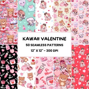 Kawaii Valentinstag Muster | 50 Nahtlose Valentinstag-Muster | Niedliche Kawaii Muster | Süße Liebe Digitales Papier | Rapport (Wiederholungs-Muster-Datei).