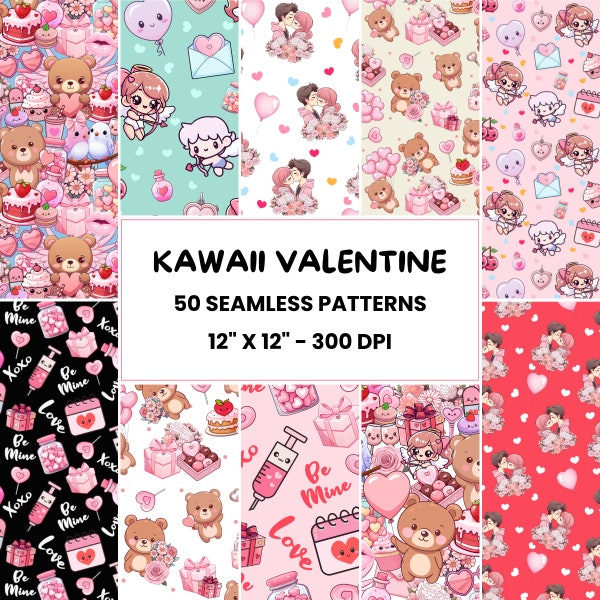 Kawaii Valentine Patterns | 50 Seamless Valentine Patterns | Cute Kawaii Patterns | Sweet Love Digital Paper | Repeat Pattern File