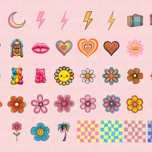 Op de afbeelding: Een set van 36 kleurrijke digitale clipart-afbeeldingen met retro- en groovy-ontwerpen. De afbeeldingen omvatten harten, bloemen, bliksemschichten, manen, een telefoon, een jukebox, een gummybeer, een discobal, een koffer, een gameconsole en een geruit patroon.