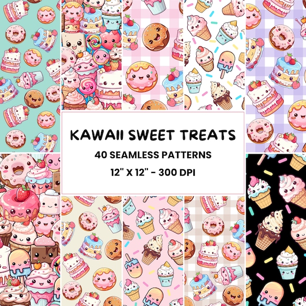 Patrones de comida dulce Kawaii / 40 lindos patrones digitales sin costuras / Papel digital / Archivo de patrones repetidos para uso comercial