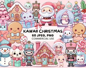 Kawaii Christmas Clipart | 60 Cute Christmas Graphics | Winter Wonderland | PNG and JPEG for stickers - printables