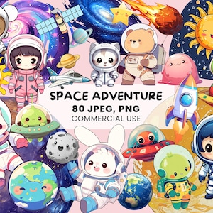 Clipart espace kawaii | 80 graphiques d'aventure spatiale | Odyssée de l'espace | Système solaire | Extraterrestres mignons | Astronautes kawaii | Licence commerciale