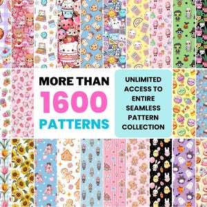 Pacote de Mega Padrões | Mais de 1600 Padrões Kawaii Sem Costura | Papel Digital Fofo | Acesso a Todos os Designs de Padrões Atuais e Futuros - Uso Comercial