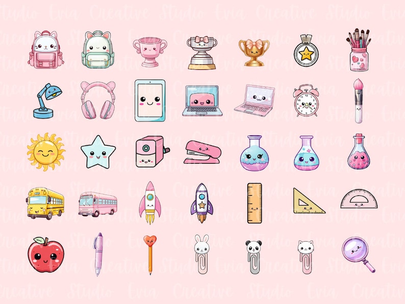 Kawaii School Clipart | 70 Cute School PNG and JPEG | Back To School - classroom decorations, learning worksheet - commercial use image 2