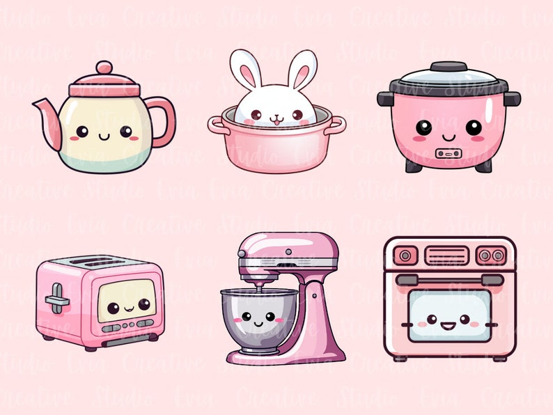Puede incluir: Un conjunto de seis electrodom&eacute;sticos de cocina de color rosa con caras de dibujos animados lindas. Los electrodom&eacute;sticos incluyen una tetera, una olla arrocera, una tostadora, una batidora de pie, un horno y una olla con un conejito dentro.