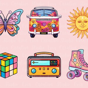 Op de afbeelding: Een set van zes retro-stijl illustraties met een vlinder, een busje met het woord "PEACE" op de voorkant, een zon met een lachend gezicht, een Rubik's Cube, een vintage radio en een paar rol schaatsen.