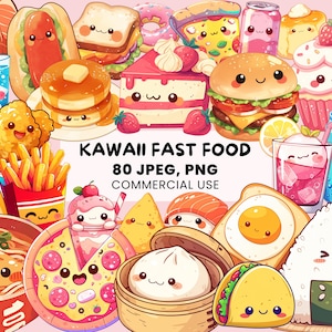 Kawaii Fast Food Clipart | 80 Niedliche Lebensmittel Grafiken | Kawaii PNG-Bundle | Liebenswerte druckbare Aufkleber - Kommerzielle Nutzung