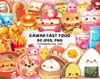 Kawaii Fast Food Clipart | 80 Cute Food Graphics | Kawaii PNG Bundle | Adorable Printable Stickers - Commercial Use