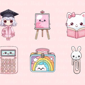 Kawaii School Clipart | 70 Cute School PNG and JPEG | Back To School - classroom decorations, learning worksheet - commercial use image 5