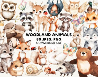 Skogsmarksdjur Clipart | 80 Kawaii Djurgrafik | Babyshower PNG | Nyfödd Boho Doodle | Skogsdjur Clipart | Barnrumsdekor