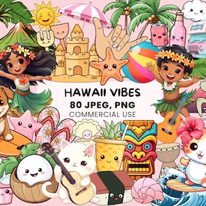 Hawaii Vibes Clipart | 80 Kawaii Hawaii Graphics | Beach Getaway, Surfing Life | Tiki Bar, Cocktail PNG - printable for travel planners