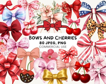 Clipart PNG z kokardką kokietki | 80 modnych grafik retro z kokardką | Sztuka retro z wiśniami | Różowa kokardka kokietki | Urocza kawaii wiśnia | Grafika z flagą USA