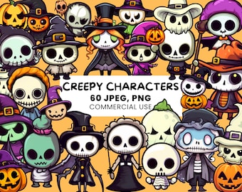 Personajes de Halloween / 60 adorables personajes góticos / Calabazas espeluznantes / Personajes de terror - PNG, JPEG, pegatinas imprimibles
