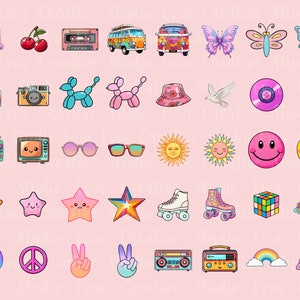 Op de afbeelding: Een verzameling van 36 kleurrijke retro-stickers met afbeeldingen zoals een computer, kersen, een cassettebandje, een busje, vlinders, een camera, een ballondier, een hoed, een duif, een plaat, een gitaar, een televisie, zonnebrillen, een zon, een smiley, een ster, rol schaatsen, een Rubik's Cube, een regenboog, een vredesteken, een handgebaar en een boombox.