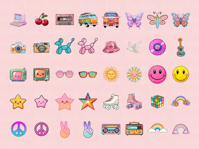 Op de afbeelding: Een verzameling van 36 kleurrijke retro-stickers met afbeeldingen zoals een computer, kersen, een cassettebandje, een busje, vlinders, een camera, een ballondier, een hoed, een duif, een plaat, een gitaar, een televisie, zonnebrillen, een zon, een smiley, een ster, rol schaatsen, een Rubik's Cube, een regenboog, een vredesteken, een handgebaar en een boombox.