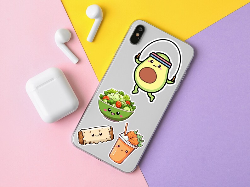 May include: A collection of colorful stickers on a phone case, featuring cute food and fitness-themed illustrations. Includes an avocado jumping rope, a salad bowl, a burrito, and a smoothie. White wireless earbuds and charging case are also visible.
