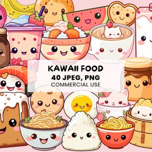 Kawaii Food Clipart | 40 Cute Food Graphics | Kawaii PNG Bundle | Adorable Printable Stickers - Commercial Use
