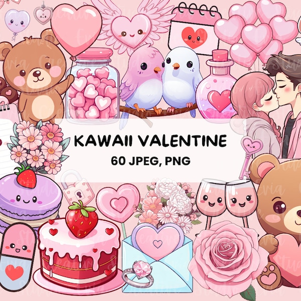 Kawaii Valentine Clipart | 60 Sweet Love Graphics | Cute sweetheart clipart - PNG, JPEG for printable stickers - commercial use