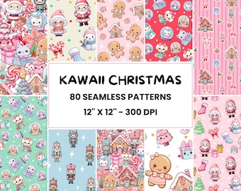 Wzory świąteczne Kawaii | 80 uroczych bezszwowych wzorów cyfrowych | Winter Wonderland | Papier cyfrowy | Plik z powtarzalnym wzorem do użytku komercyjnego