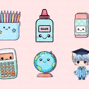 Kawaii School Clipart | 70 Cute School PNG and JPEG | Back To School - classroom decorations, learning worksheet - commercial use image 4
