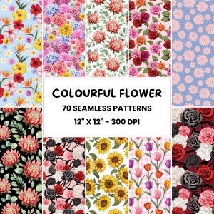 Motifs floraux colorés | 70 motifs floraux rétro sans couture | Motifs floraux éclatants | Papier numérique roses et tournesol