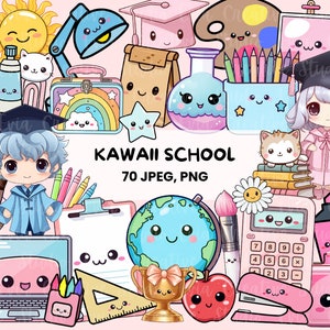 Kawaii School Clipart | 70 Cute School PNG and JPEG | Back To School - classroom decorations, learning worksheet - commercial use