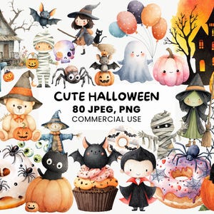 以下が含まれることがあります： キュートなハロウィーンをテーマにしたイラストのコレクション。画像には、幽霊、魔女、コウモリ、カボチャなどが描かれています。「CUTE HALLOWEEN」の文字と「80 JPEG、PNG COMMERCIAL USE」が表示されています。イラストは水彩画風です。