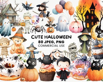 Lindo clipart de Halloween / 80 gráficos kawaii de acuarela para Halloween / Decoración de guardería de temporada espeluznante, caprichoso dulce de Halloween, paquete PNG