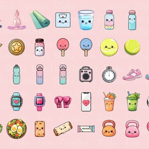 May include: A collection of cute, cartoon-style illustrations of fitness and wellness items. Includes yoga poses, a mat, scale, water bottles, tennis balls, dumbbells, and a soccer ball, all with smiling faces, on a pink background.