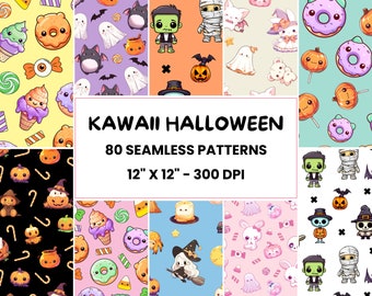 May include: A set of 80 digital seamless patterns featuring cute Halloween characters and objects. The patterns are 12 inches by 12 inches and 300 DPI. The patterns include ghosts, pumpkins, candy corn, bats, witches, mummies, and more.