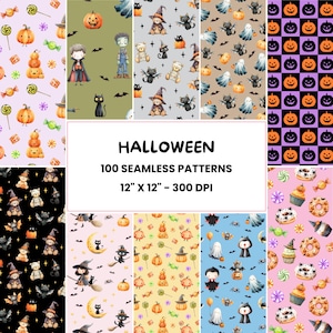 May include: A collection of Halloween-themed seamless patterns. The patterns feature pumpkins, ghosts, bats, teddy bears, and other spooky elements. The text reads "HALLOWEEN 100 SEAMLESS PATTERNS 12" X 12" - 300 DPI".