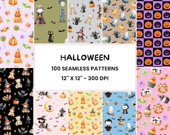 Urocze wzory na Halloween | 100 kawaii postaci z Halloween bez szwu wzorów | Plik z wzorami na upiorny sezon | Fantazyjny papier cyfrowy na Halloween