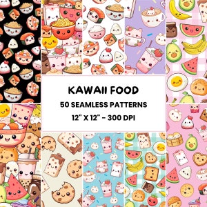 Kawaii Essen Muster | 50 nahtlose niedliche Lebensmittel Muster | Kawaii Design Patterns | Digitales Papier | Rapportdatei | Geschenkverpackung