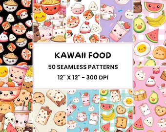 Wzory jedzenia Kawaii | 50 bezszwowych, uroczych wzorów jedzenia | Wzory Kawaii Design | Papier cyfrowy | Plik z powtarzalnym wzorem | Pakowanie prezentów