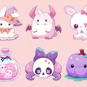 Puede incluir: Un conjunto de seis pegatinas lindas con tem&aacute;tica de Halloween que incluyen un conejo bruja, un monstruo esponjoso, un conejo con un vendaje, una botella de poci&oacute;n con fantasmas, una calavera con un lazo y una calabaza morada con baba verde.