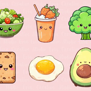 May include: A collection of cute, cartoon-style illustrations of healthy foods on a pink background. The image includes a salad, a carrot smoothie, broccoli, a piece of toast, a fried egg, and an avocado, all with smiling faces.