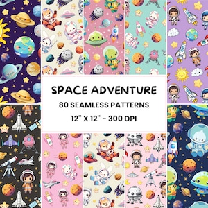 Kawaii Weltraum Muster | 80 Weltraum Abenteuer Muster | Niedliche Alien-Muster | Digitales Papier | Rapportdatei | Geschenkverpackung