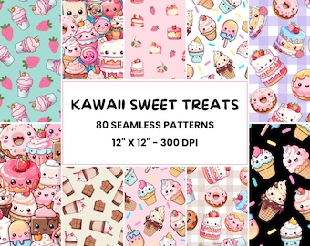 Wzory słodkiego jedzenia Kawaii | 40 uroczych bezszwowych wzorów cyfrowych | Papier cyfrowy | Plik z powtarzalnym wzorem do użytku komercyjnego