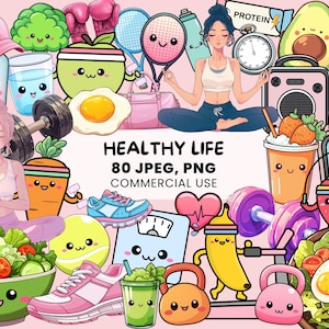 Clipart de Estilo de Vida Saudável | 80 Gráficos de Vida na Academia | Comida Saudável Kawaii | Adesivos Fofos de Equipamentos Esportivos, PNG com licença comercial