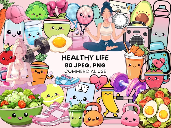 Healthy Lifestyle Clipart | 80 Gym Life Graphics | Kawaii Healthy Food | Cute Sports Equipment Stickers, PNG with commercial licence