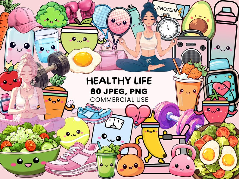 May include: A colorful illustration with the text "HEALTHY LIFE" featuring various health and fitness elements. Includes a woman meditating, fruits, vegetables, exercise equipment, and the text "80 JPEG, PNG COMMERCIAL USE".