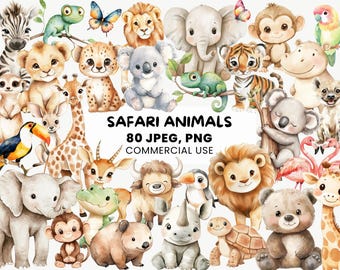 Boho akvarell djur clipart | 80 safari djurgrafik | Babyshower PNG | Nyfödd boho klotter | Kawaii djur clipart | Barnrumsdekor