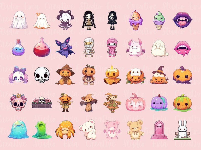 Puede incluir: Un conjunto de 40 pegatinas digitales coloridas con varios personajes de Halloween y espeluznantes, incluidos fantasmas, calabazas, momias, murci&eacute;lagos y mucho m&aacute;s. Las pegatinas son perfectas para agregar un toque divertido y festivo a tus proyectos digitales.