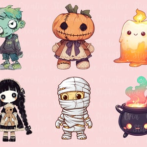 Puede incluir: Un conjunto de seis personajes de dibujos animados con tem&aacute;tica de Halloween. Un ni&ntilde;o zombie verde, una mu&ntilde;eca de calabaza cosida, una vela derretida con una cara feliz, una ni&ntilde;a con cabello negro y una mu&ntilde;eca, una momie y un caldero con una cara feliz y vapor saliendo de &eacute;l.
