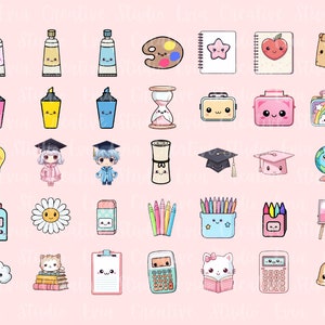Kawaii School Clipart | 70 Cute School PNG and JPEG | Back To School - classroom decorations, learning worksheet - commercial use image 3