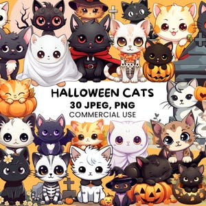 Halloween Cats | 30 Cute Halloween Graphics | Vampire Cats | Mummy Cats | Skeleton Cats  - PNG, JPEG, printable kawaii stickers